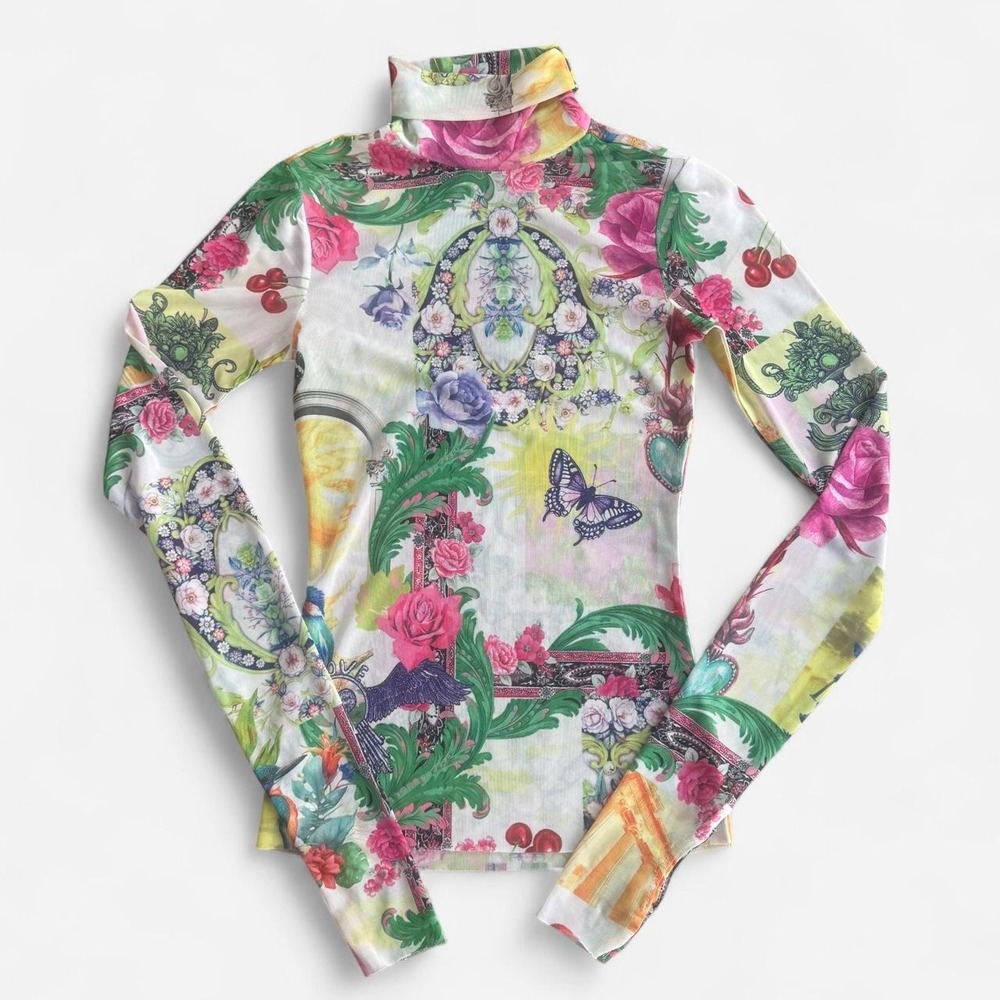 AFRM mesh long sleeve turtleneck floral, baroque, Greek graphic print top
